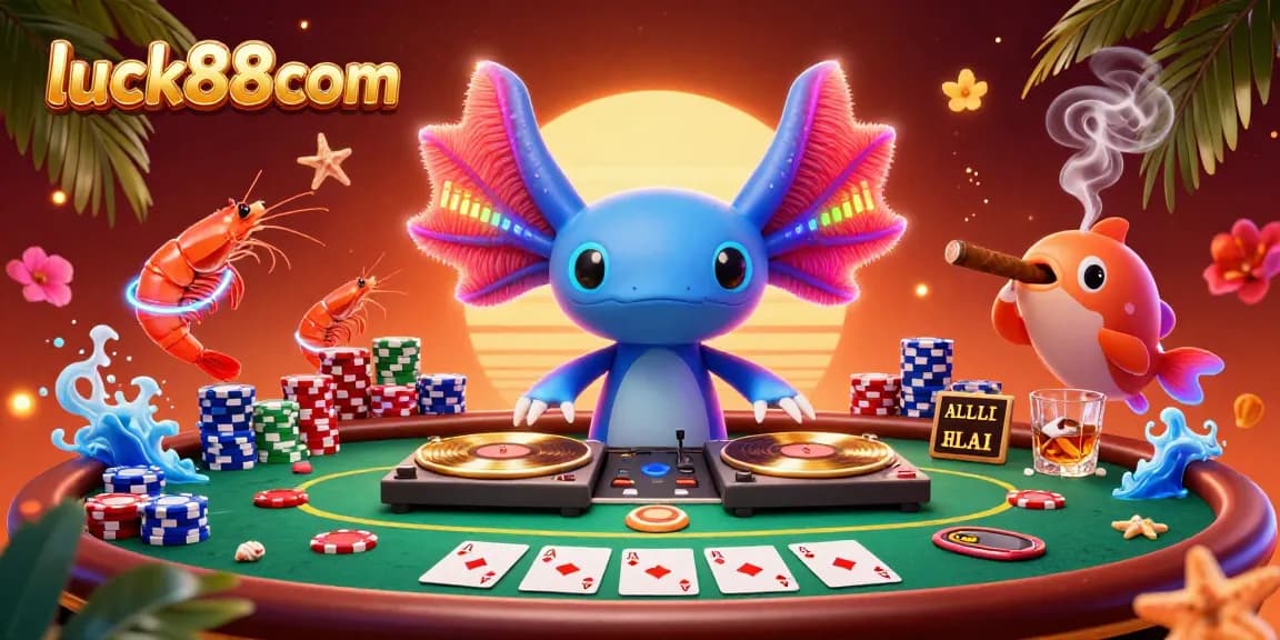 Engage with luck88com as the energetic neon-colored axolotl DJ spins records in a lively underwater casino scene.