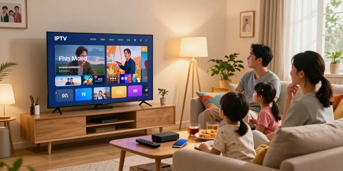 Aproveitando o IPTV com a família na sala de estar moderna.