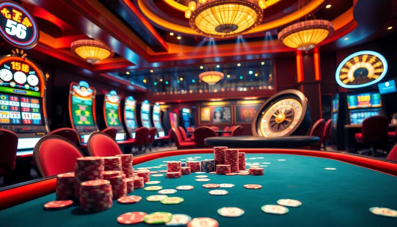 Engage in strategic poker gameplay at keonhacai 5 casino, filled with vibrant chips and cards.