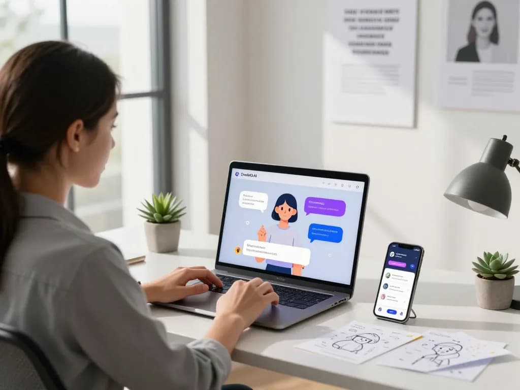 Interactive session with Crush on AI in a modern workspace, showcasing chatbot features and vibrant character interactions.