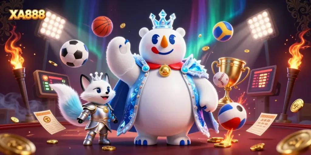 Bet on victory with XA888, featuring a regal ice king bear and snow fox in a vibrant casino scene.
