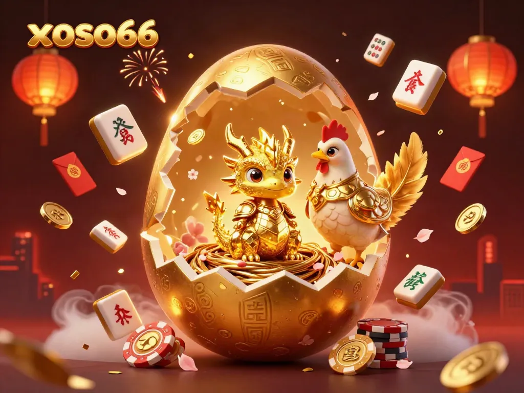 The vibrant scene showcases the xoso66 mascot, a golden baby dragon, surrounded by rich Chinese-themed elements, illustrating a thrilling gaming environment.