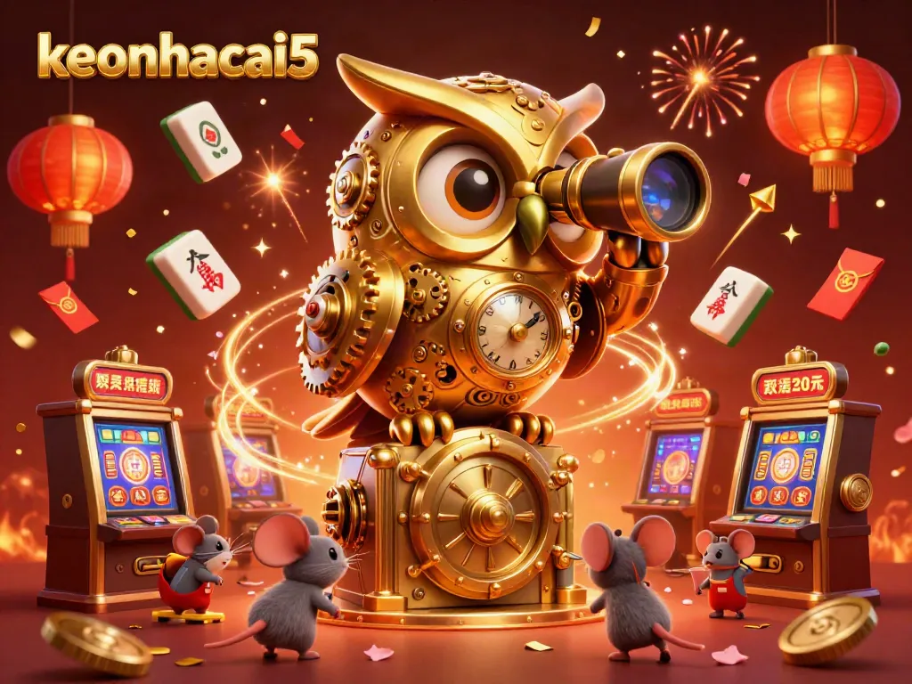 Bet on keonhacai5 with a vibrant casino scene featuring a golden owl and mouse patrons amidst festive elements.