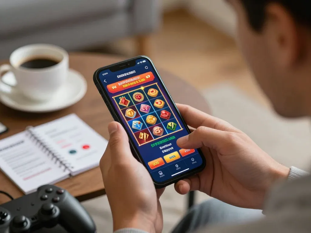 Jogador AAVIP aproveitando jogos móveis em casa com slots empolgantes exibidos na tela.