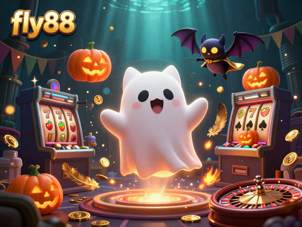 Experience thrilling moments with fly88 in a vibrant haunted casino featuring a ghost cat, vampire bat, and glowing jack-o-lanterns.
