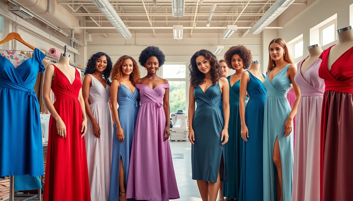 Image showcasing a women’s clothing manufacturer displaying a variety of stylish dresses in a bright setting.