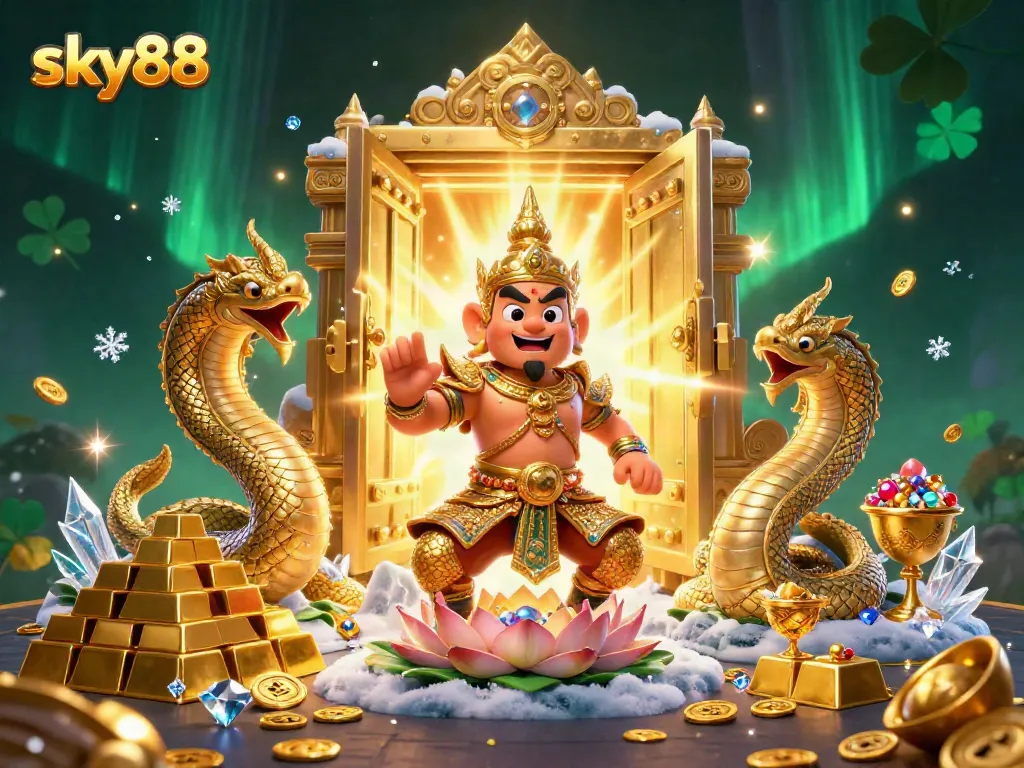 Engage with the excitement of sky88, featuring rich 3D scenes of treasures and guardians in a vibrant casino atmosphere.