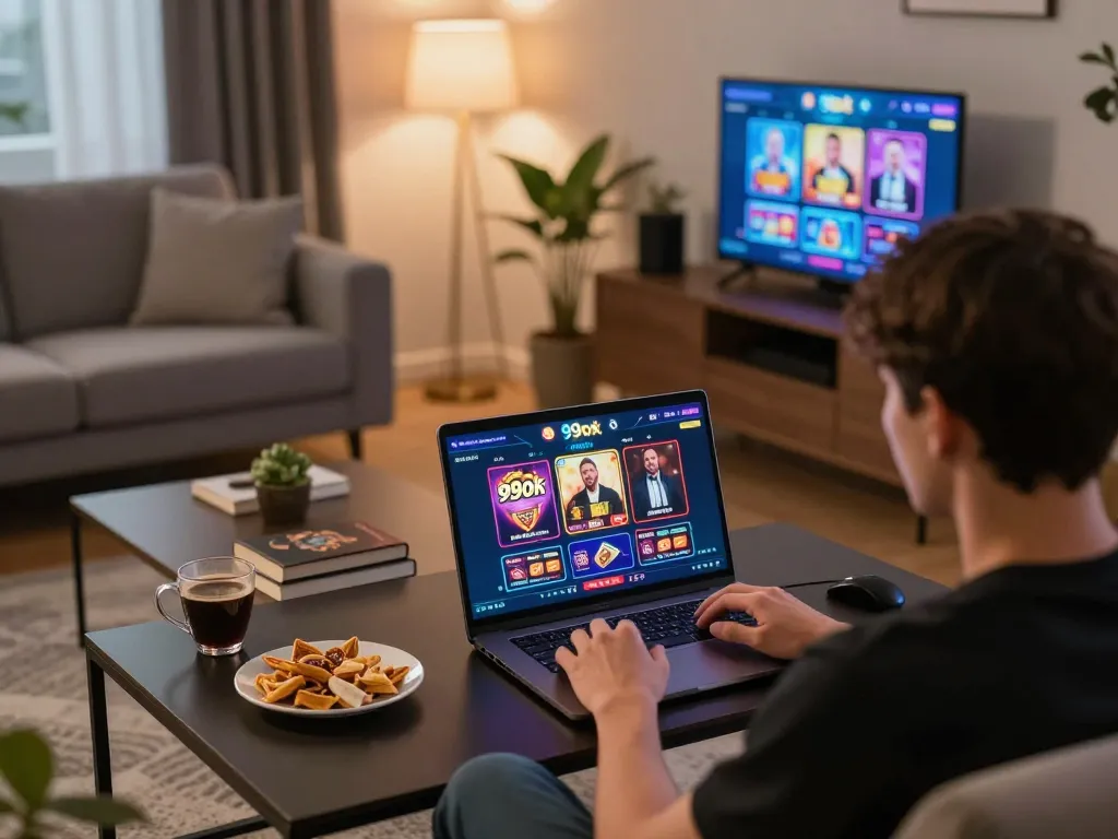 Player engaging with the 99ok online platform in a cozy living room setting, showcasing responsible gaming.