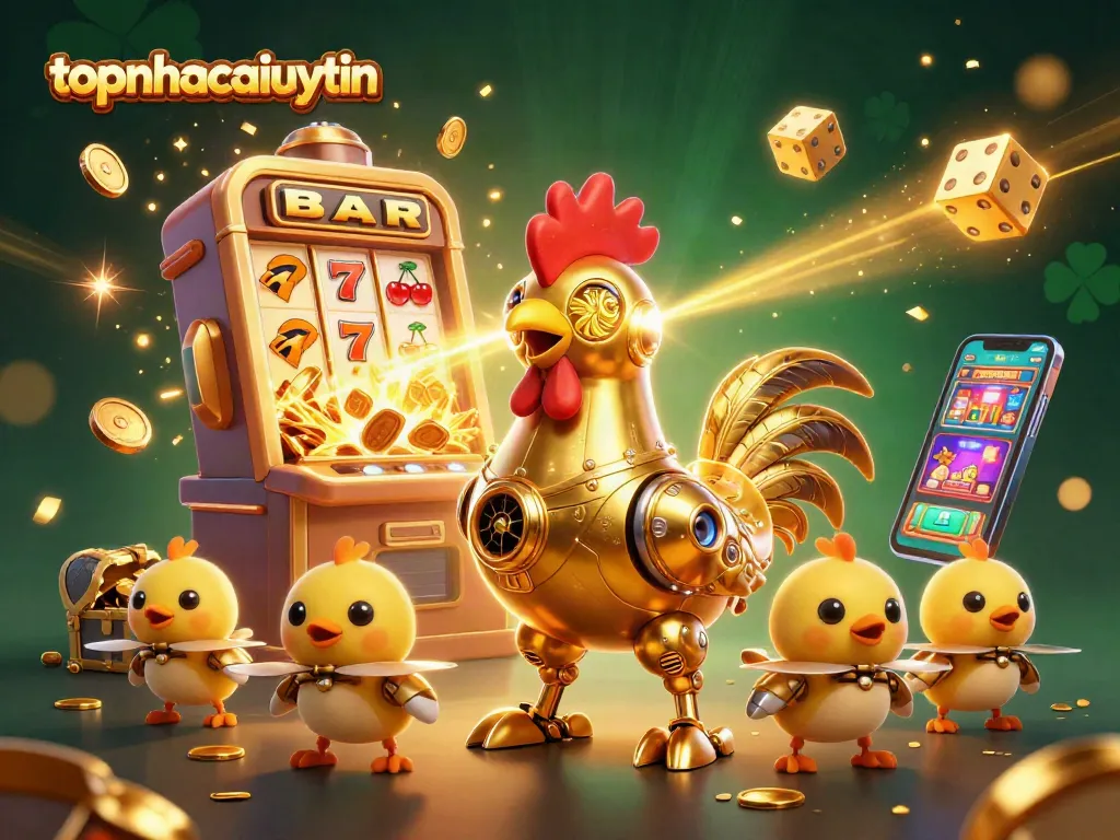 Engage in topnhacaiuytin's vibrant casino experience with a retro-futuristic golden rooster robot.