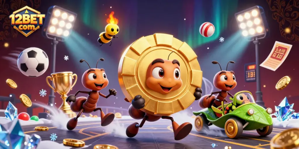 Experience thrilling gambling action with 12BET com as cartoon ants carry a giant poker chip.