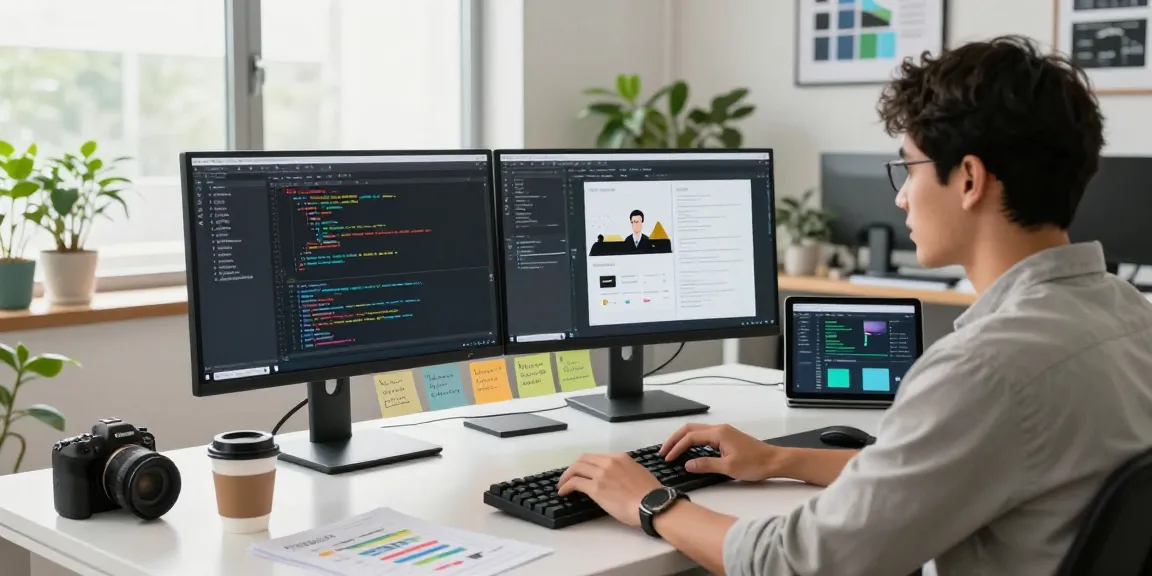 WPS Official Website showcases a modern workspace with a developer coding on dual monitors and productivity tools.
