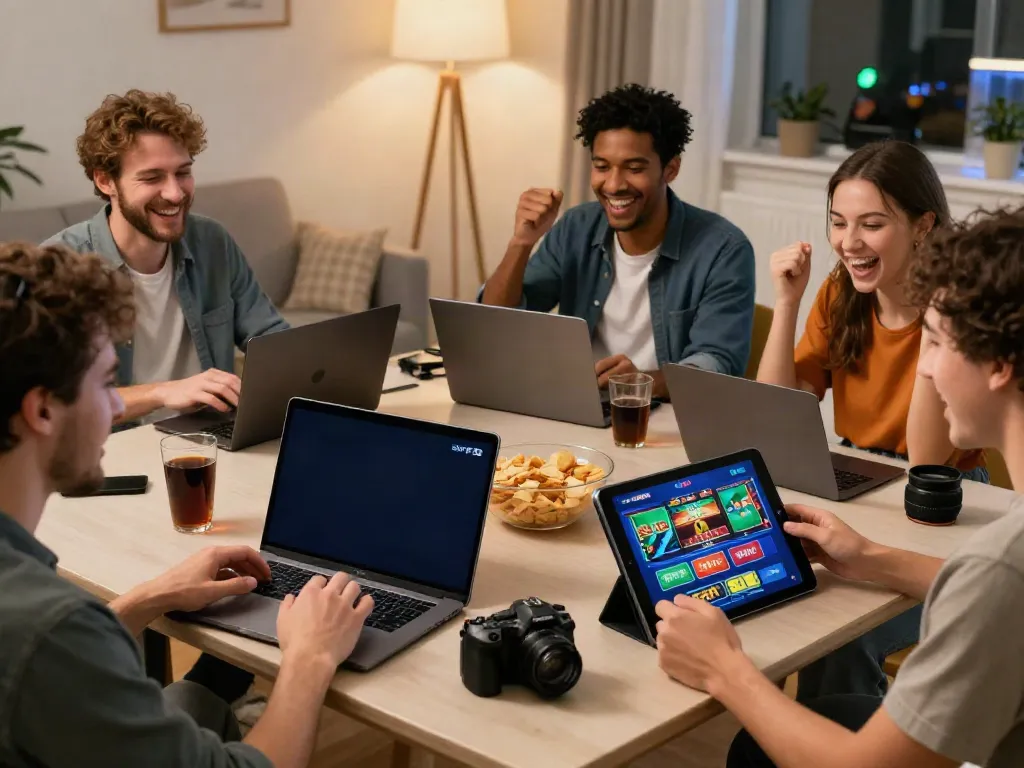 Group of friends enjoying SKY88 online gaming on phones and laptops in a cozy living room.