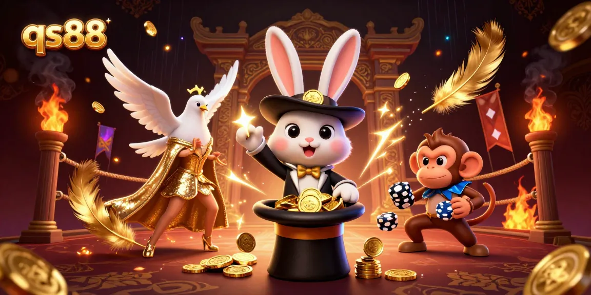 qs88 invites players to a vibrant casino world filled with magic and excitement as coins are pulled from a top hat.