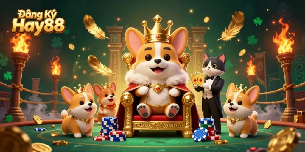 Experience Đăng Ký Hay88 with a royal corgi and a cat butler amidst a dazzling casino scene.