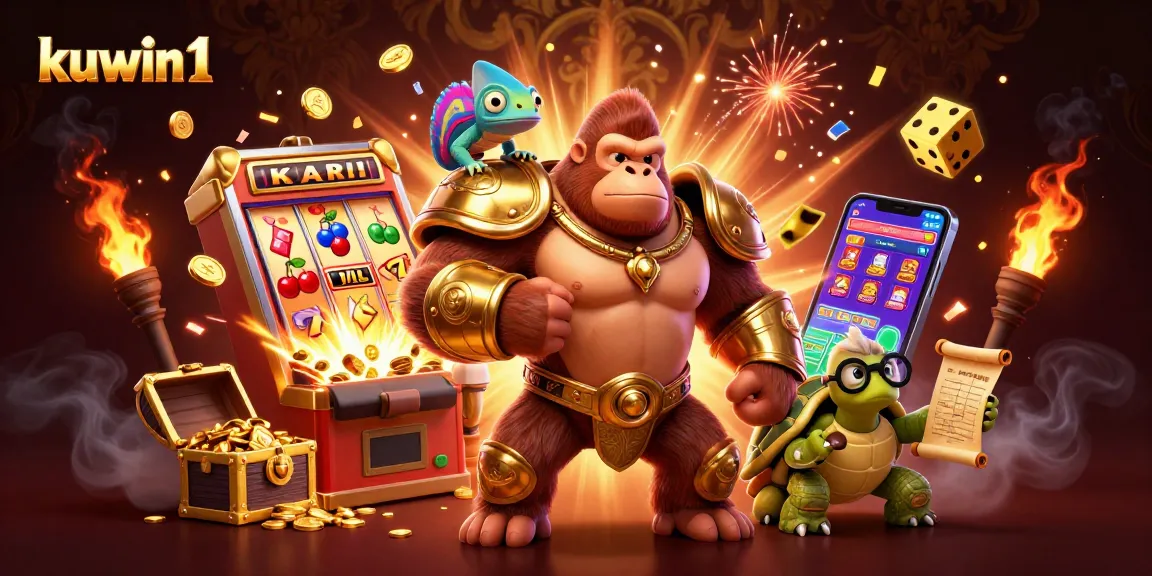 Kuwin1 gorilla king with golden armor and companions celebrate big wins in a vibrant casino scene.