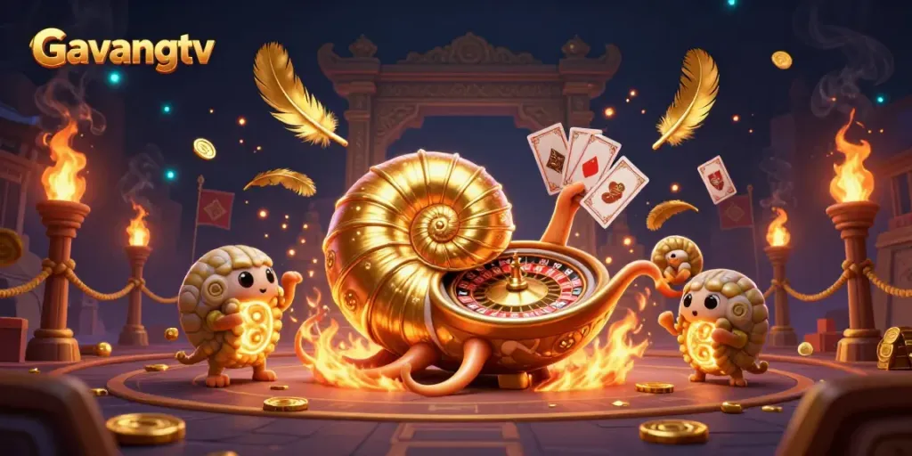 Experience thrilling gameplay at Gavangtv with a giant nautilus holding cards beside golden treasures.