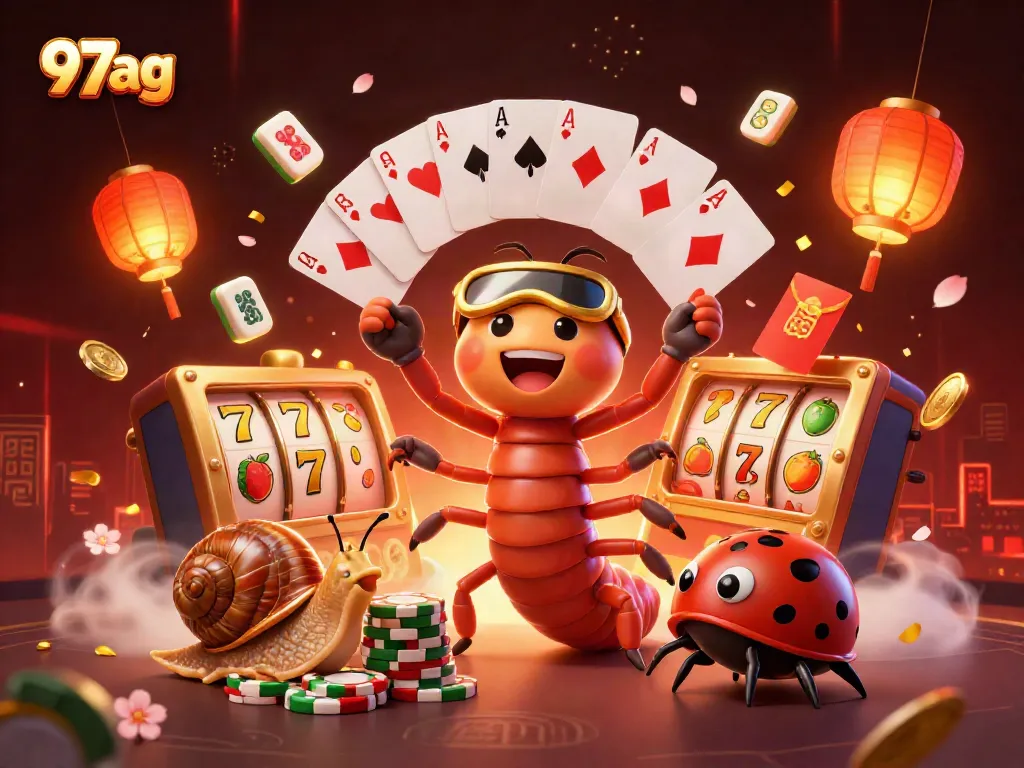 Engage with 97ag as the animated millipede dealer fans cards in a vibrant casino scene.