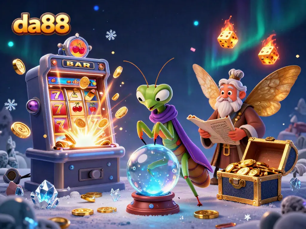 Experience winning moments with da88, a vibrant gambling illustration featuring slot machines, fortune tellers, and rich casino elements.