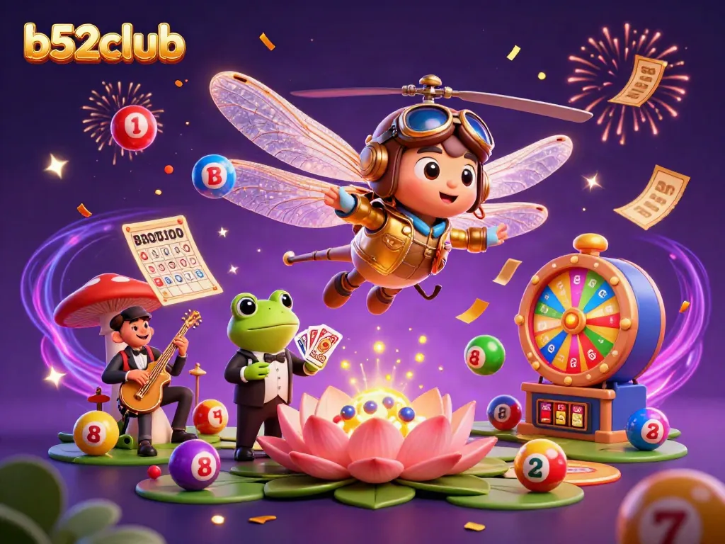 Experience dynamic gameplay at b52club with a vibrant dragonfly pilot and frog croupier in a lively casino atmosphere.