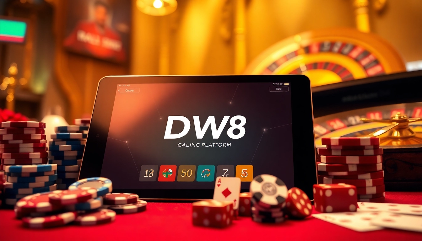 DW8 online gambling platform experience with exciting casino elements like poker chips and dice.
