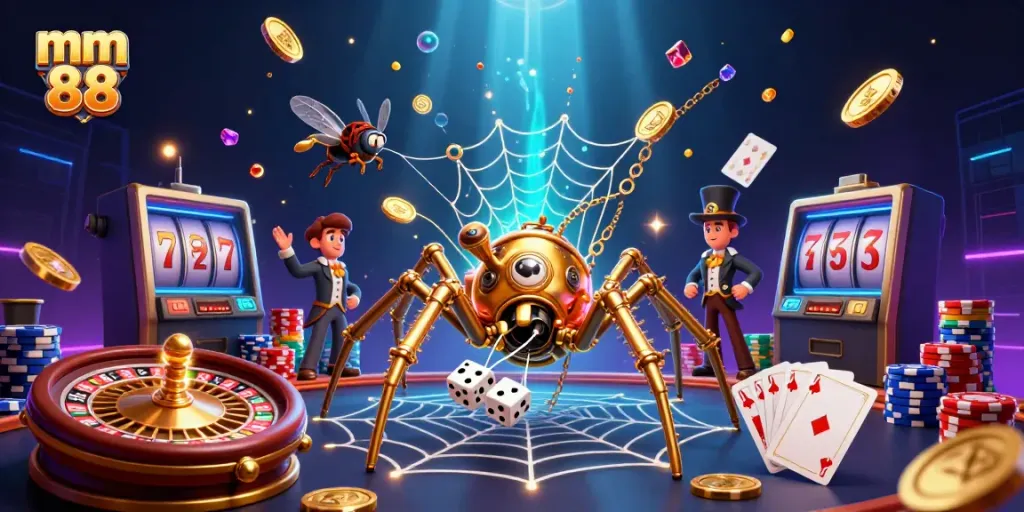 Experience thrilling games at mm 88 with a vibrant 3D casino adventure featuring golden spiders and winning elements.