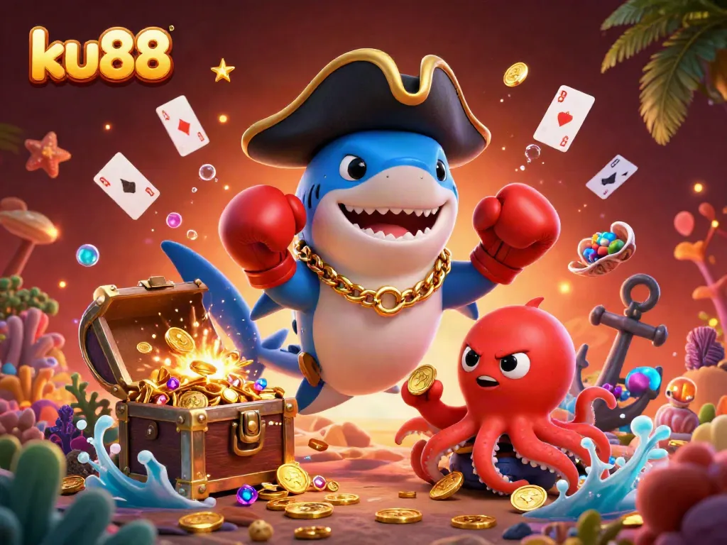 ku88 pirate shark and friends exploring vibrant underwater treasures and casino elements.