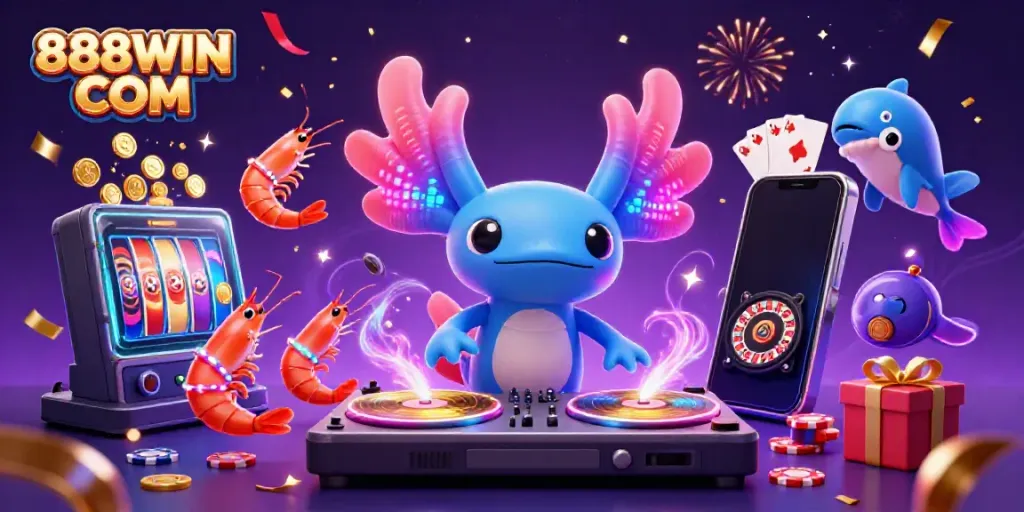 Experience vibrant gaming with 888WIN COM featuring an axolotl DJ and lively sea creatures.