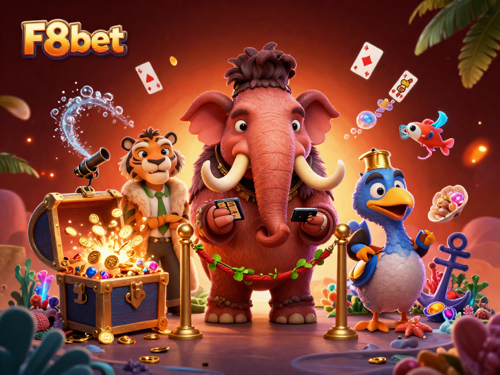 Experience the vibrant world of F8bet with a colorful casino scene featuring unique characters and dynamic gaming elements.