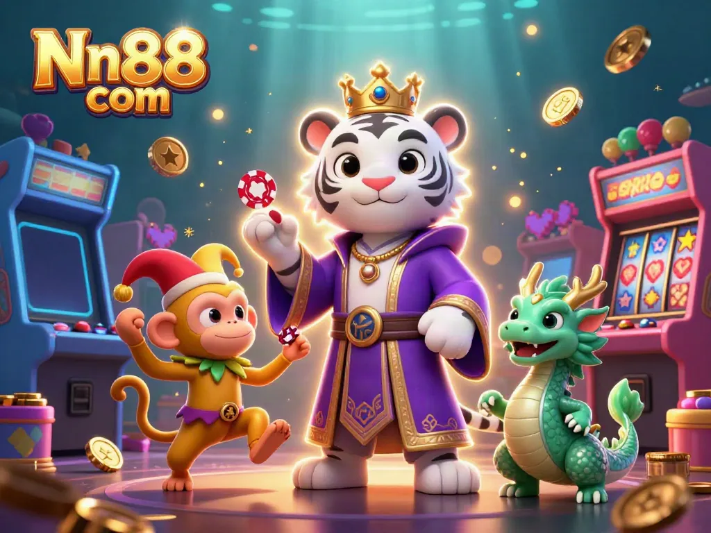 Experience thrilling gaming with Nn88 com in vibrant 3D illustration showcasing a tiger, monkey, and dragon.