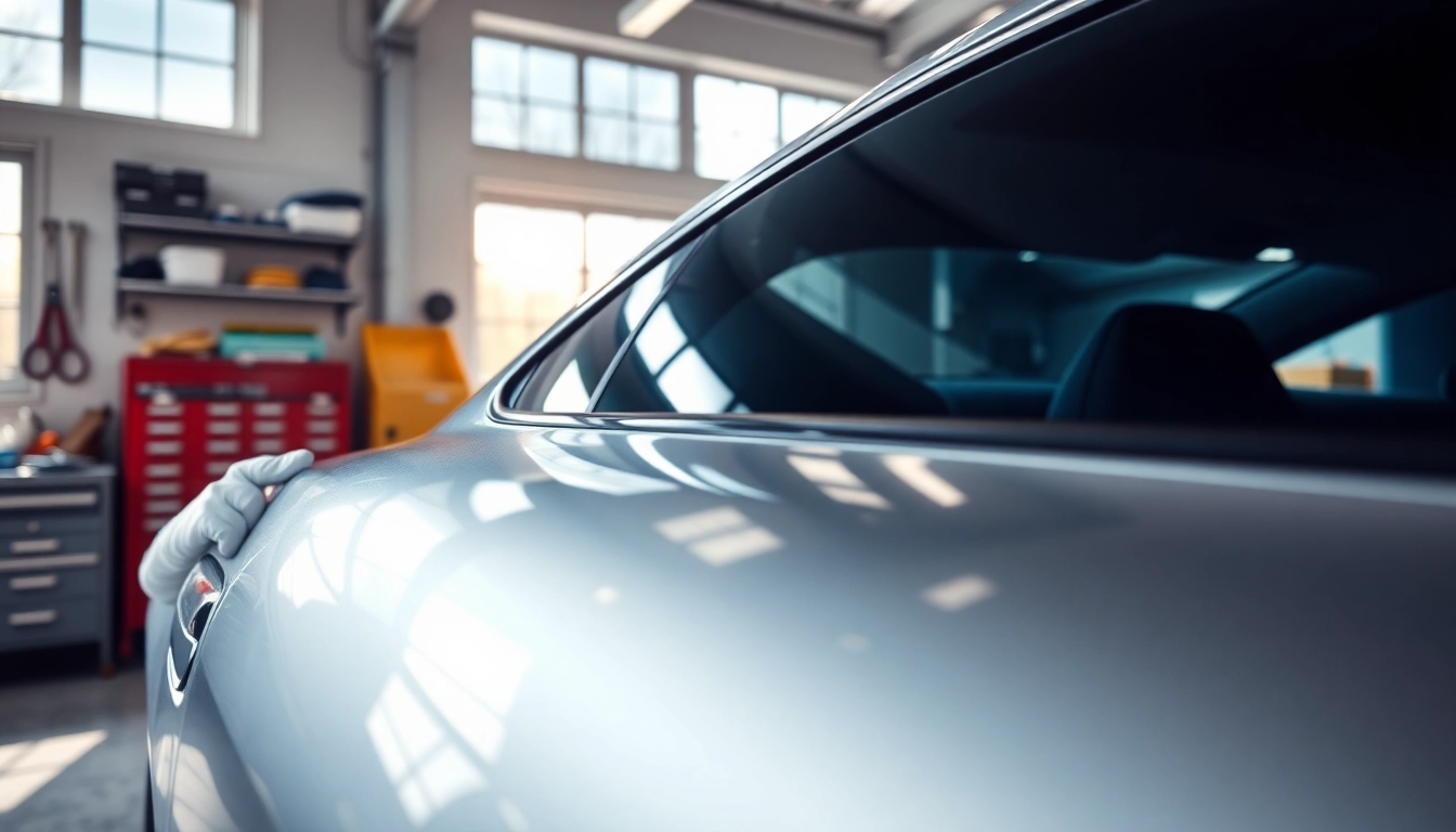 Apply paint protection film near me to enhance car durability and shine in professional garage.
