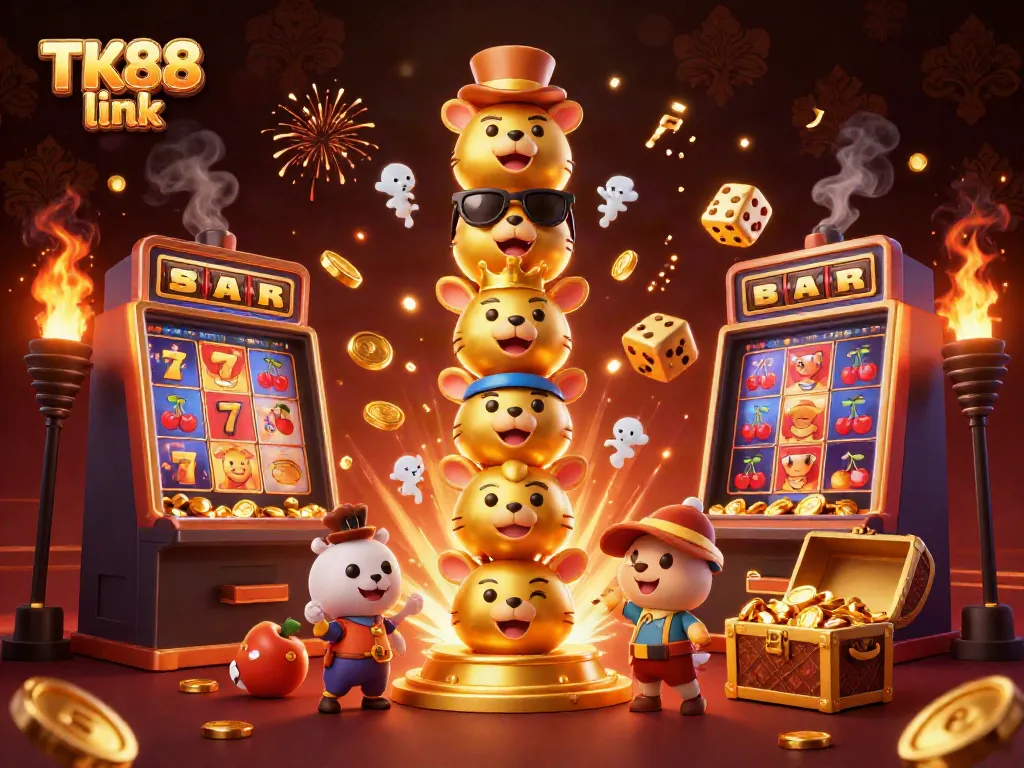 Experience the excitement of the TK88 link with a vibrant 3D casino illustration bursting with rich game elements.
