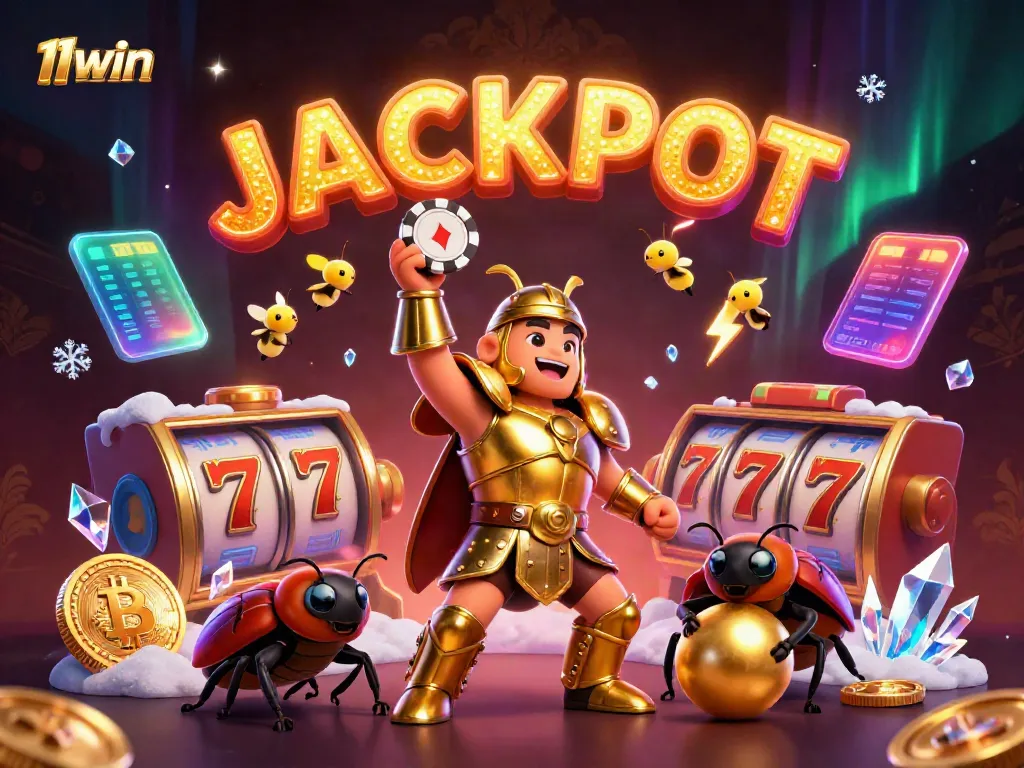 11win: Celebrate a jackpot victory with a hercules beetle in armor and vibrant slot game elements.