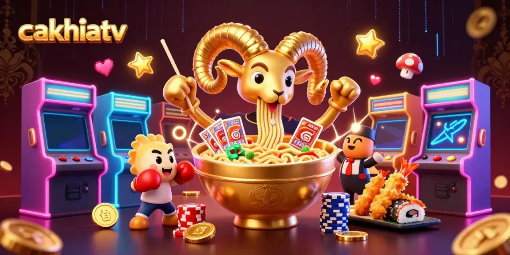 CakhiaTV offers a vibrant 3D illustration of a golden ramen bowl character engaging in casino games with colorful arcade elements.