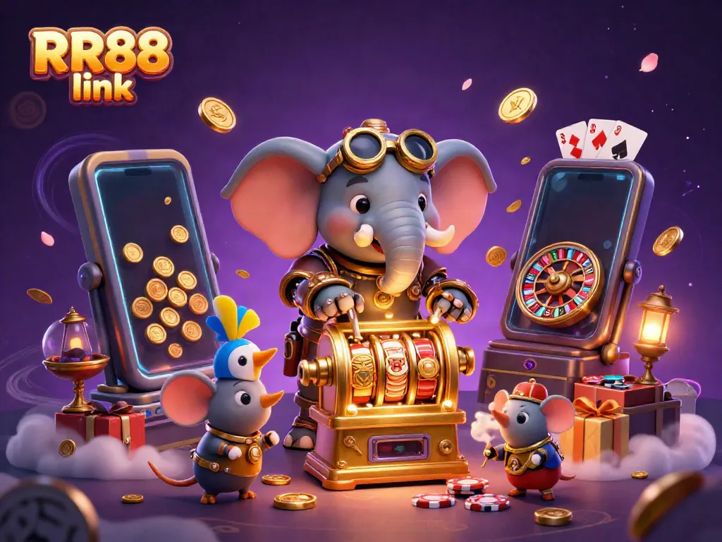 Spin the reels with RR88 link in an engaging 3D casino extravaganza featuring a steampunk elephant.