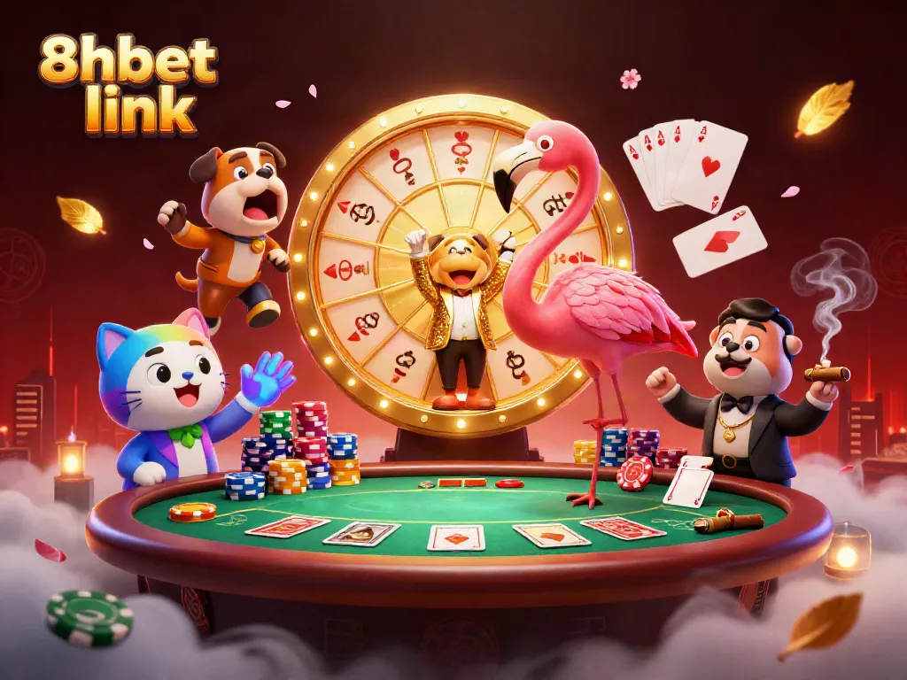 Engage with 8xbet link through an exciting casino scene featuring a flamingo host, bulldog contestant, and prize wheel.
