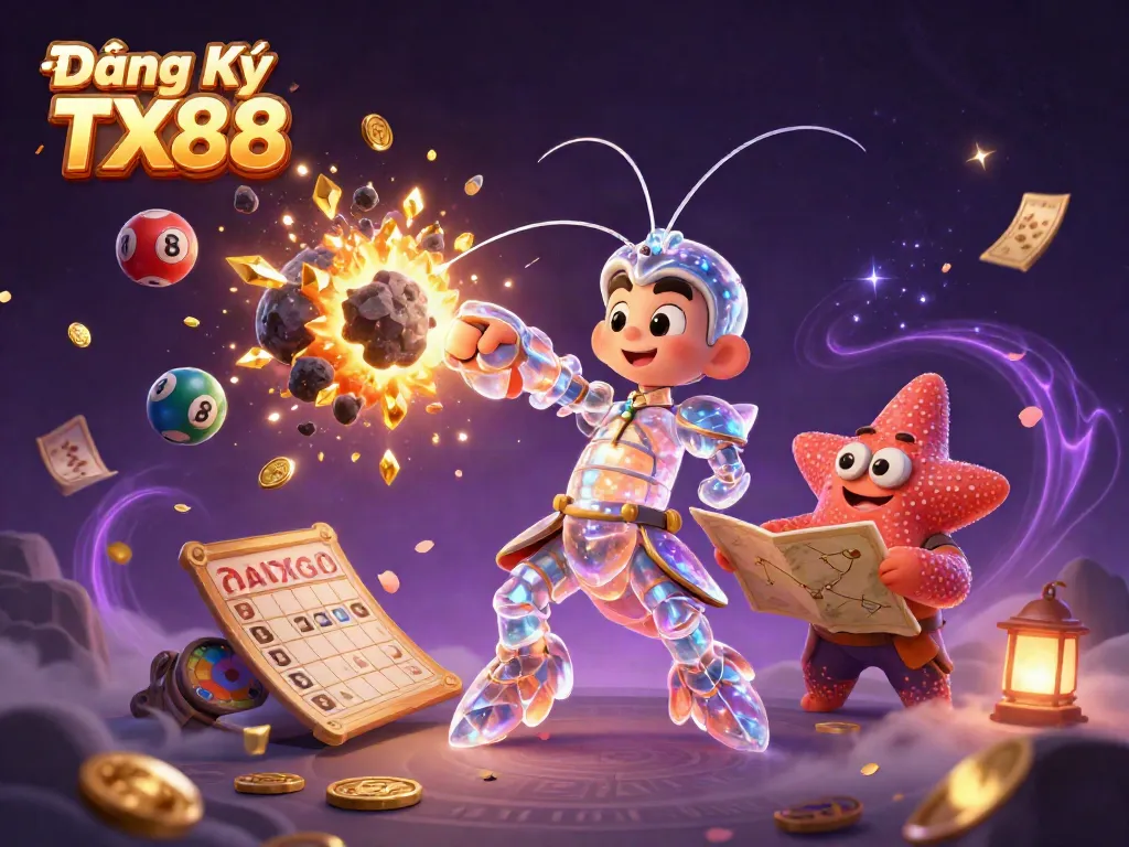 Witness the exciting Đăng Ký TX88 as a galactic samurai mantis shrimp battles asteroids, amid bouncing lottery balls and confetti.