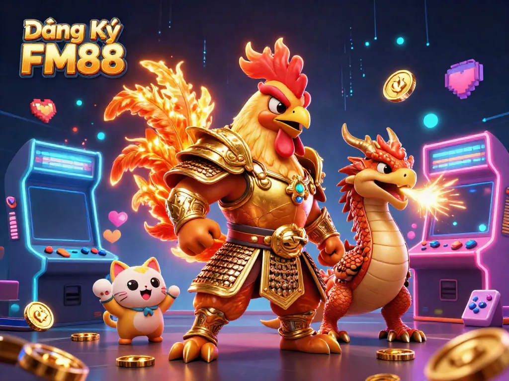 Engage in exciting gameplay at Đăng Ký FM88 with a fearless rooster warrior and vibrant game elements.