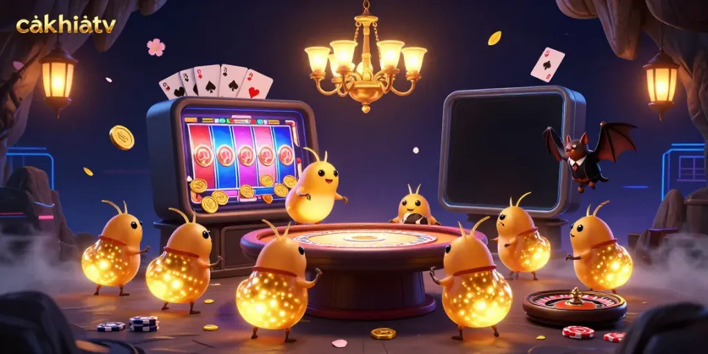 Cakhiatv glowworms illuminate a vibrant cave casino scene with dazzling gaming elements.