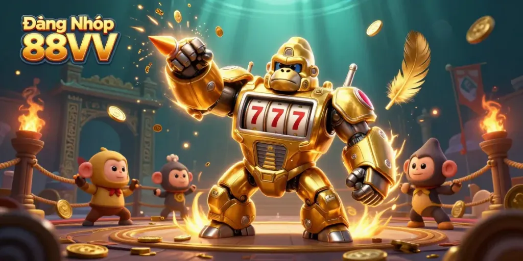 Experience the thrill of Đăng Nhập 88VV with a dynamic scene of a golden gorilla mech amidst casino elements.