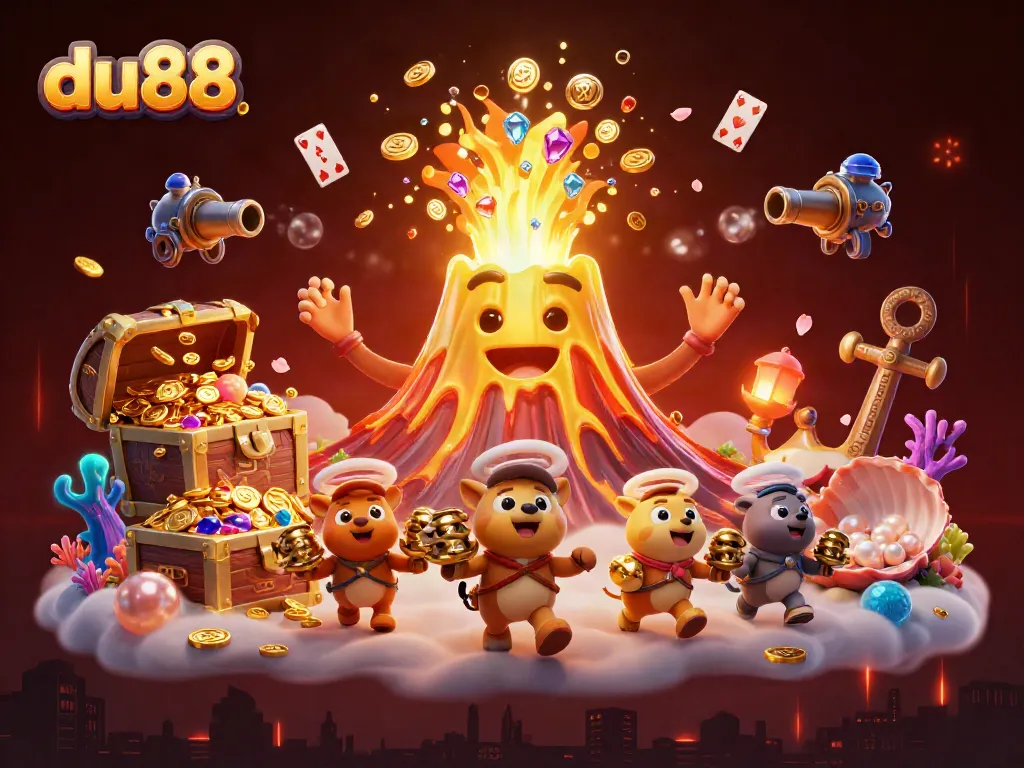 Experience thrilling treasures at du88 with a lively 3D volcanic scene bursting with gems and coins.