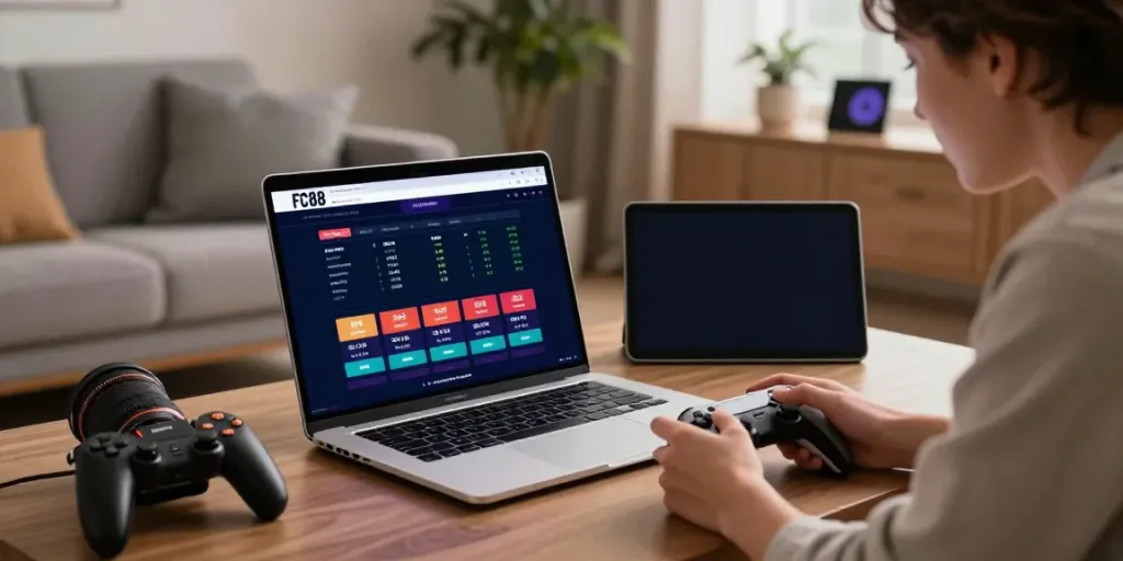 Engaging online gambling setup with FC88 website on laptop and live betting on smartphone