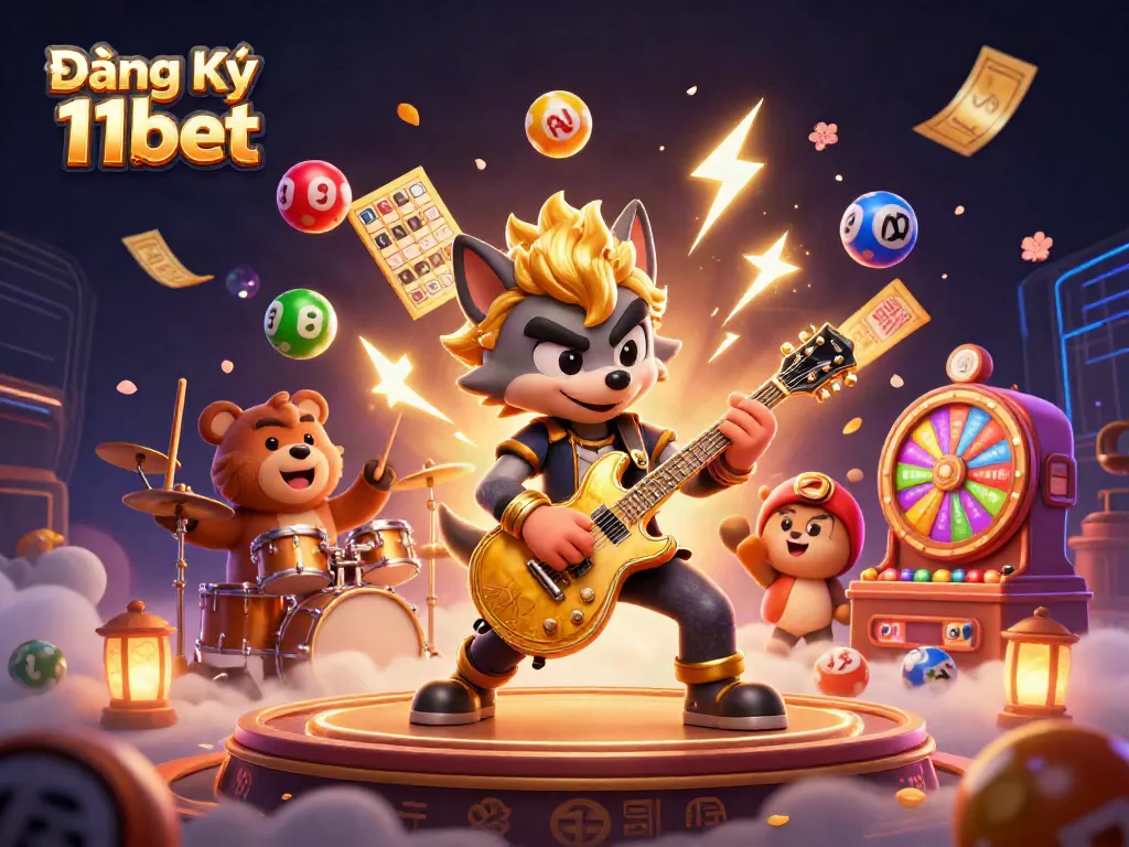 Engage in Đăng Ký 11bet with a vibrant casino-themed scene featuring a rock star wolf and drummer bear.