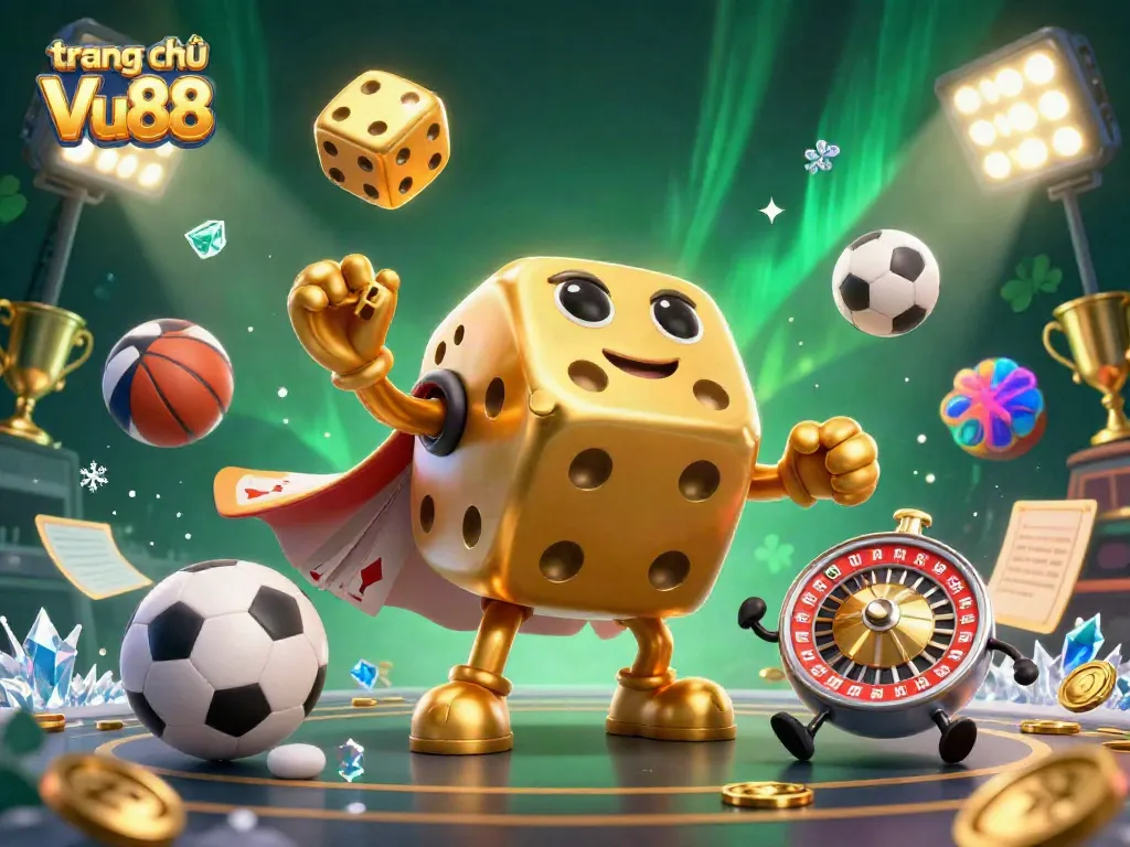 Engage with the lively scene at trang chủ Vu88 featuring a playful golden dice golem and dynamic sports elements.