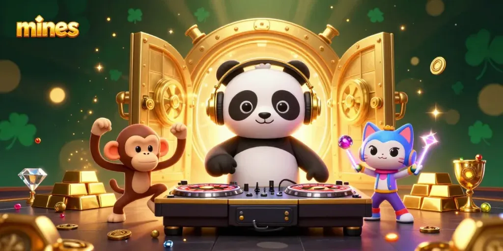 Engage in the mines game with vibrant characters and dazzling casino-themed elements.