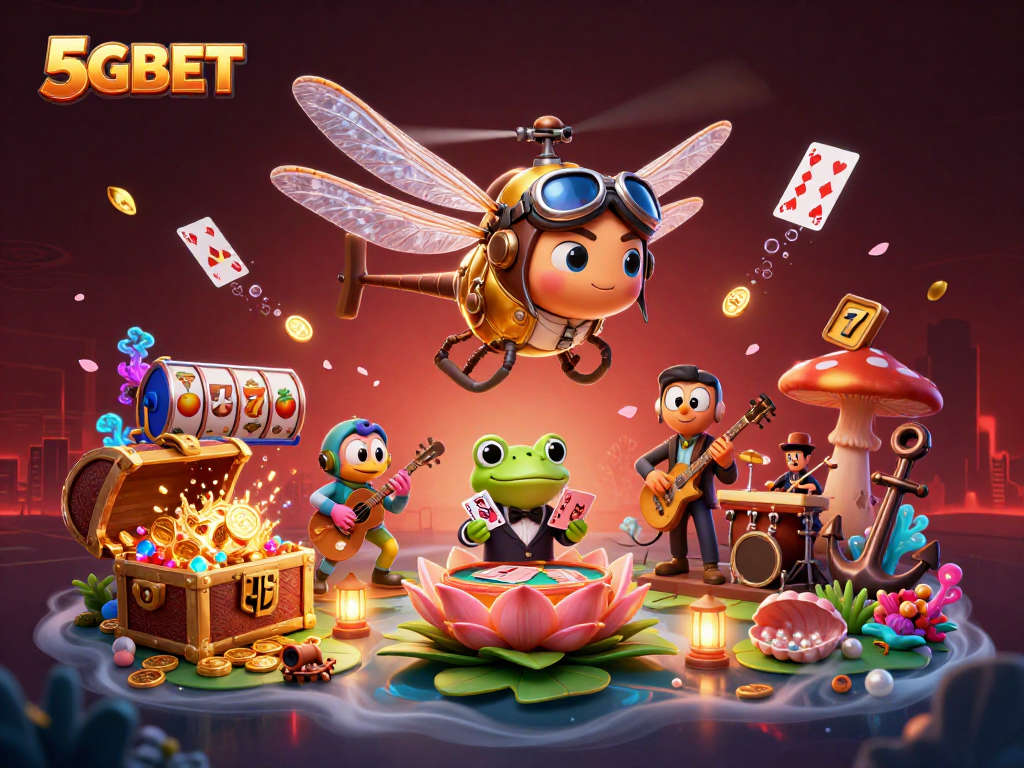 Experience the thrill of 5GBET with a cartoon dragonfly pilot and frog croupier in a vibrant casino scene.