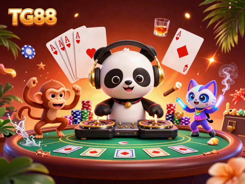 Join the fun at TG88 with vibrant characters celebrating gaming, including a DJ panda and breakdancing monkey.