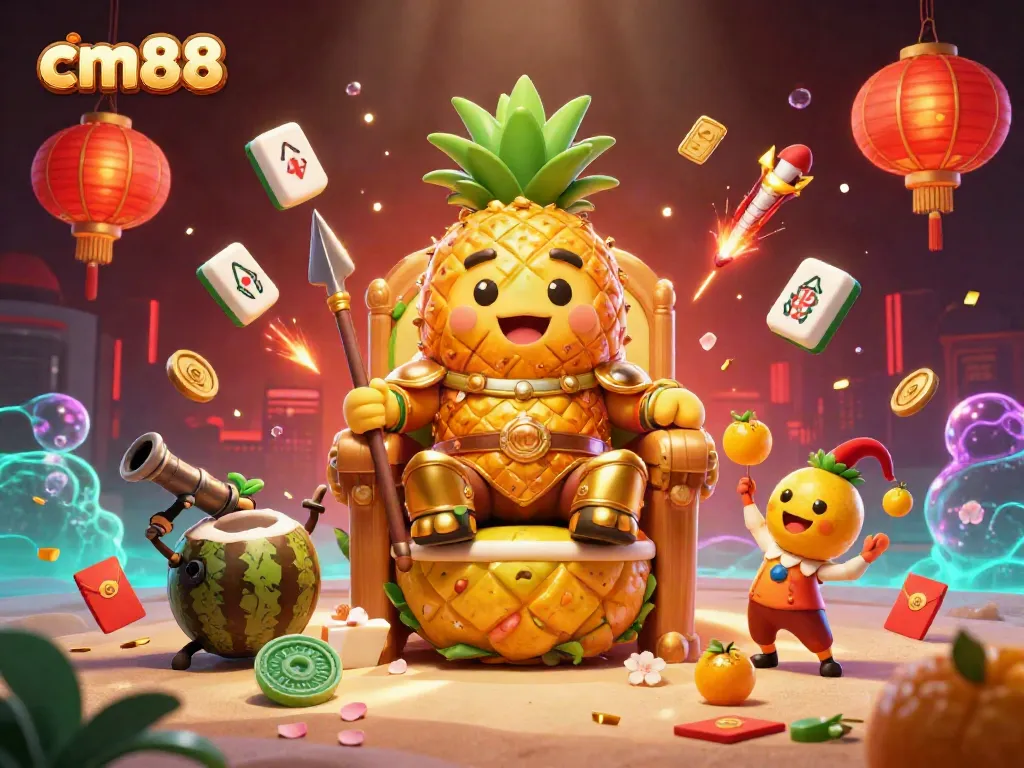 Immerse in cm88's vibrant casino world with a golden pineapple king, coconut guards, and festive gaming elements.