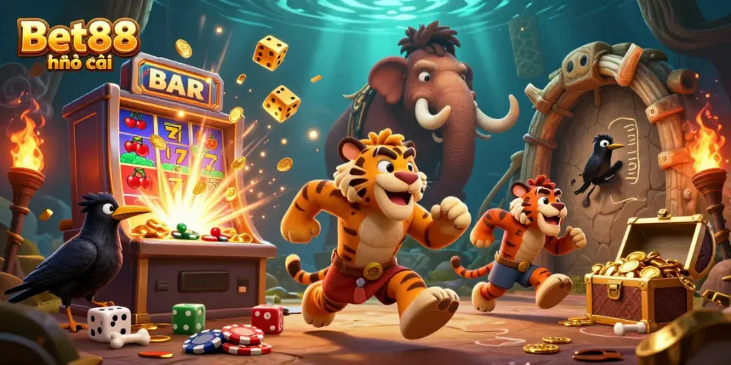 Experience the excitement of Bet88 nhà cái as prehistoric characters enjoy vibrant casino action with thrilling games and jackpots.
