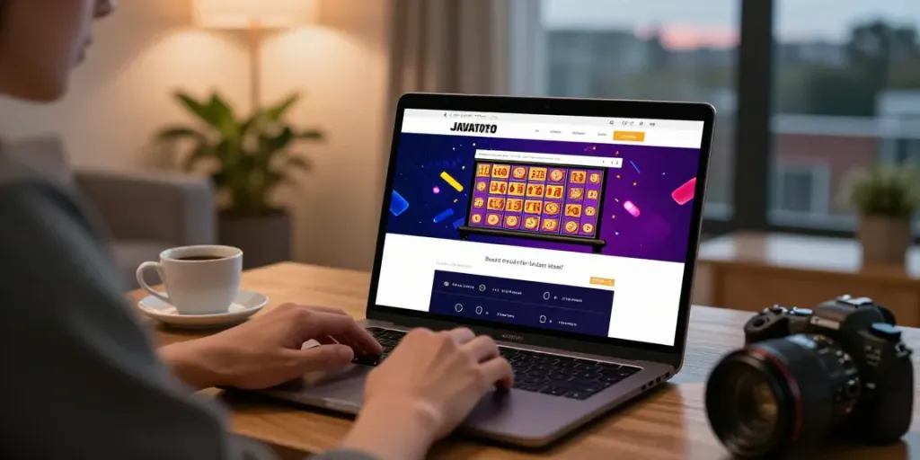 Usuário acessando o site java toto em laptop na sala de estar.
