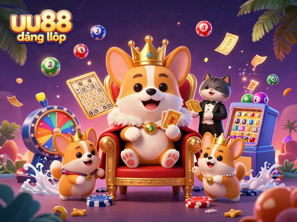 Experience the excitement of uu88 đăng nhập with a vibrant casino-themed illustration showcasing a royal corgi and exciting game elements.